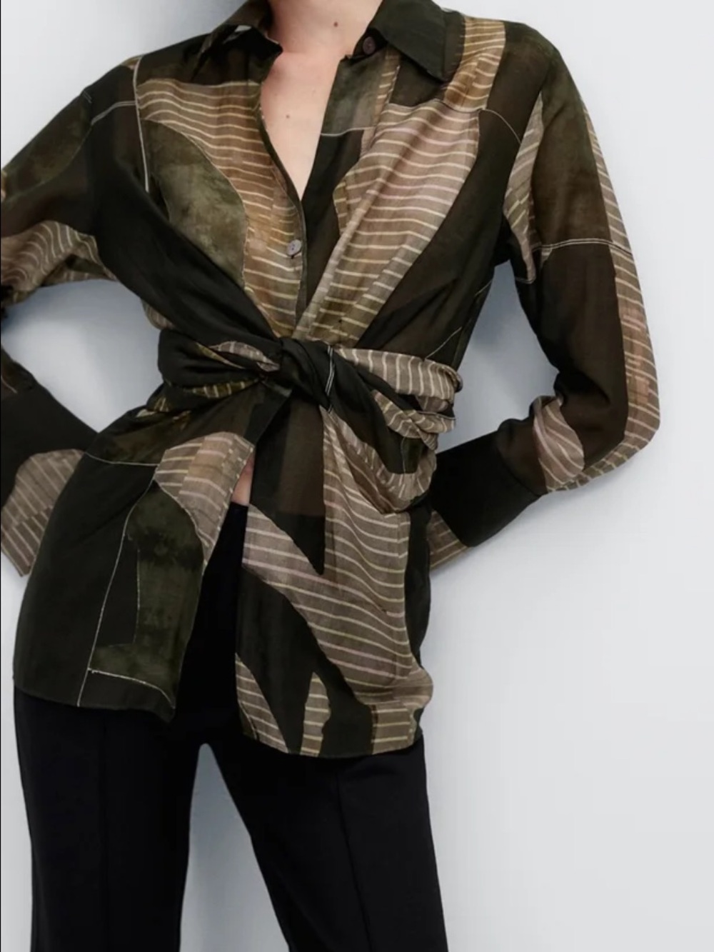 Massimo Dutti Olive Green and Tan Blouse